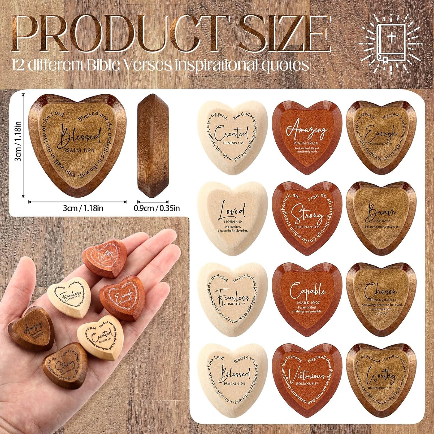 Wooden Heart Tokens with Inspirational Bible Verses